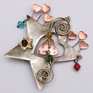 Mixed Metals Artisan Whimsical Star & Heart Brooch